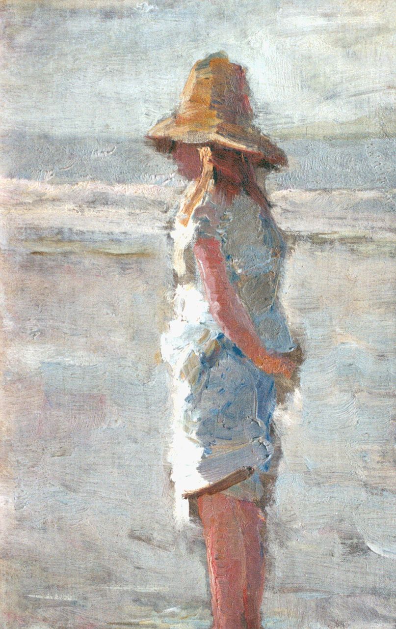 Maarel M. van der | Marinus van der Maarel, A girl on the beach, oil on canvas laid down on board 31.3 x 21.6 cm