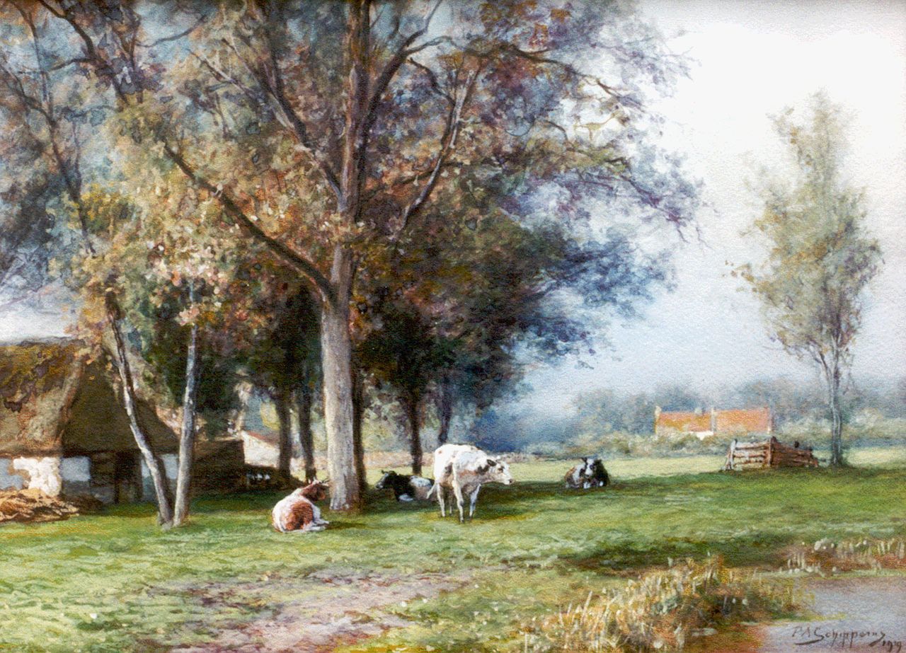 Schipperus P.A.  | Pieter Adrianus 'Piet' Schipperus, Cattle in a landscape, watercolour on paper 42.5 x 58.0 cm, signed l.r. and dated 1919