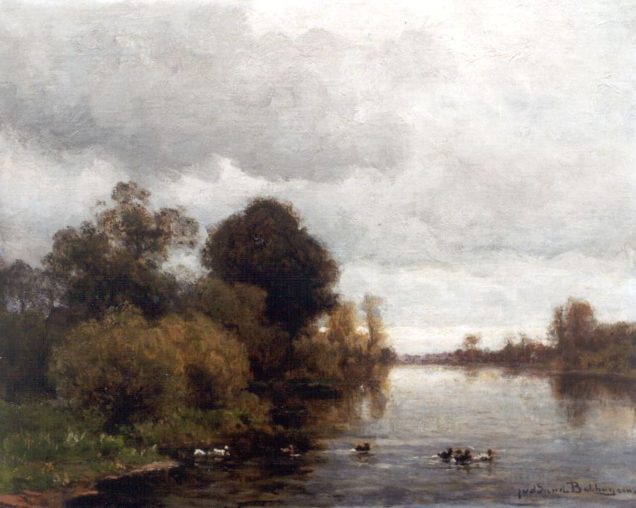 Sande Bakhuyzen J.J. van de | Julius Jacobus van de Sande Bakhuyzen, A river landscape, oil on canvas laid down on panel 37.2 x 45.2 cm, signed l.r.