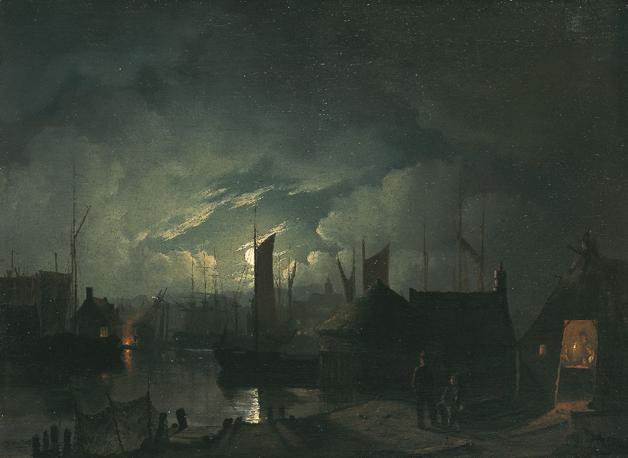 Cate H.G. ten | Hendrik Gerrit ten Cate, A moonlit harbour view, oil on canvas 29.9 x 40.7 cm, signed l.l.