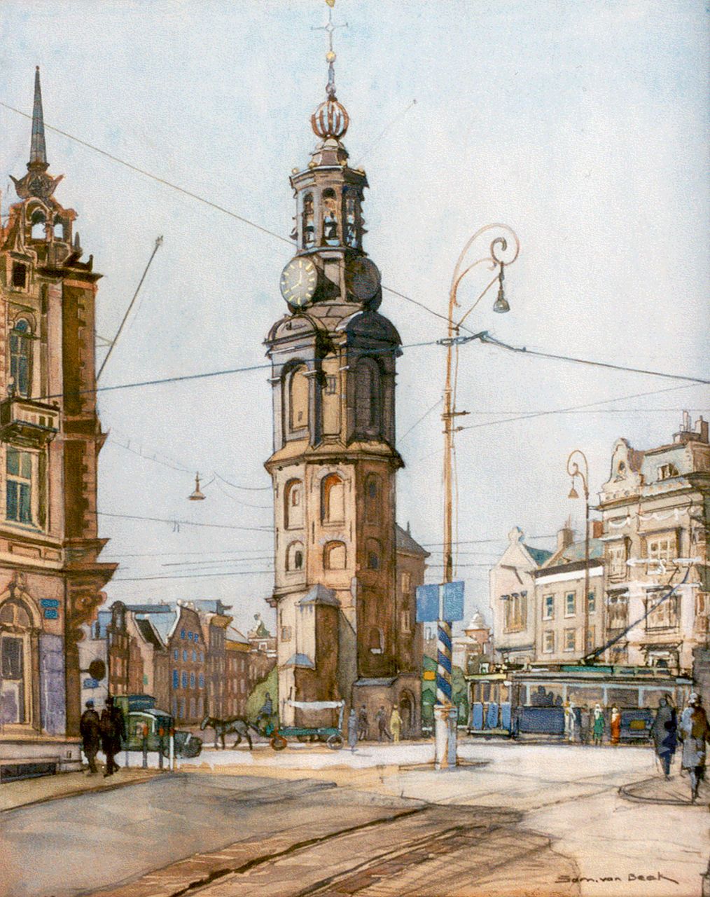 Beek S.J. van | Samuel Joseph 'Sam' van Beek, A view of the 'Munttoren, Amsterdam, pencil and watercolour on board 43.0 x 34.4 cm, signed l.r. and dated aug. '43