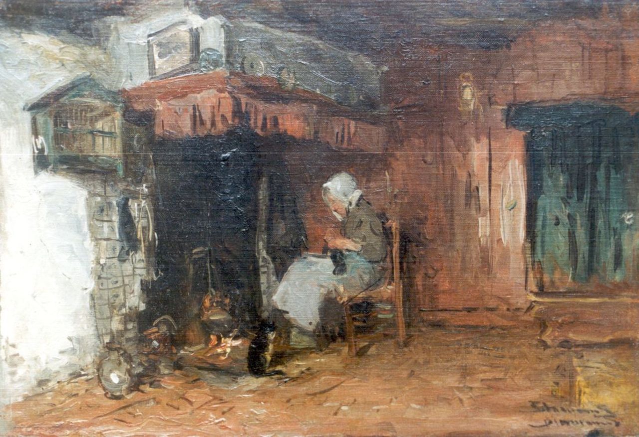 Blommers B.J.  | Bernardus Johannes 'Bernard' Blommers, A woman knitting by the fireplace, oil on canvas laid down on panel 30.0 x 44.0 cm, signed l.r. twice