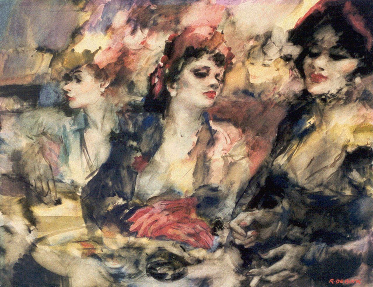 Buck R. de | Raphaël de Buck, Three women, watercolour on paper 52.0 x 67.4 cm, signed l.r.
