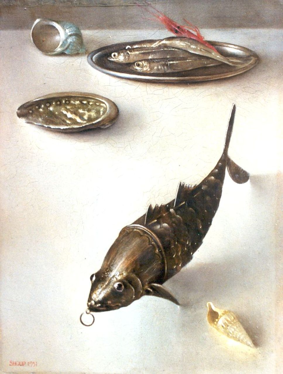 Shoup C.  | Charles Shoup, A still life with shells and bait, oil on panel 22.6 x 17.3 cm, signed l.l. and dated 1951