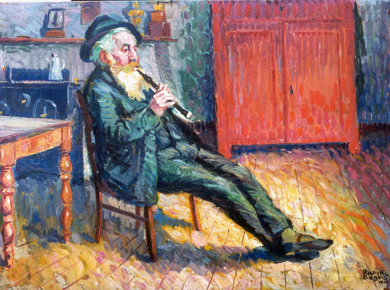 Dubois R.  | Raphael Dubois, An artist playing the oboe, oil on canvas 60.0 x 80.2 cm, signed l.r. and dated 1910