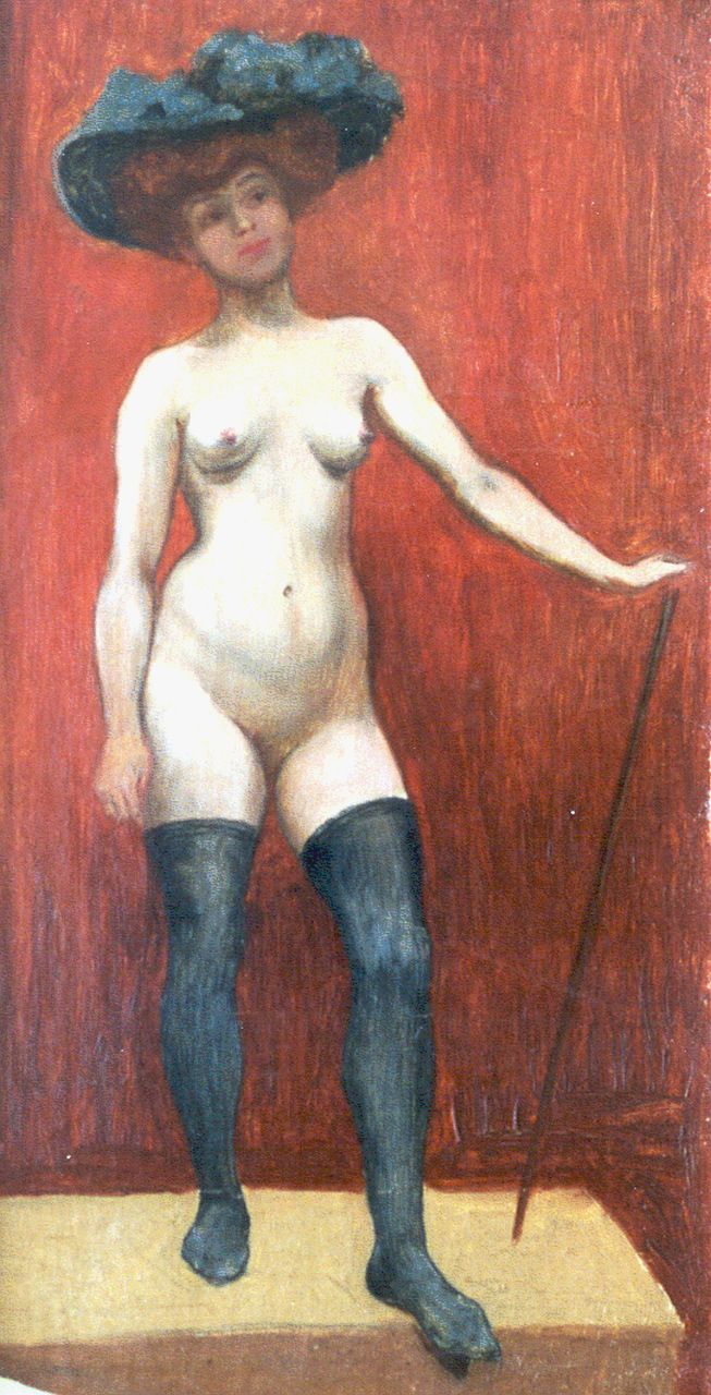 Belgische School omg. Felicien Rops   | Belgische School omg. Felicien Rops, A standing nude, oil on canvas 44.5 x 23.3 cm, painted circa 1925