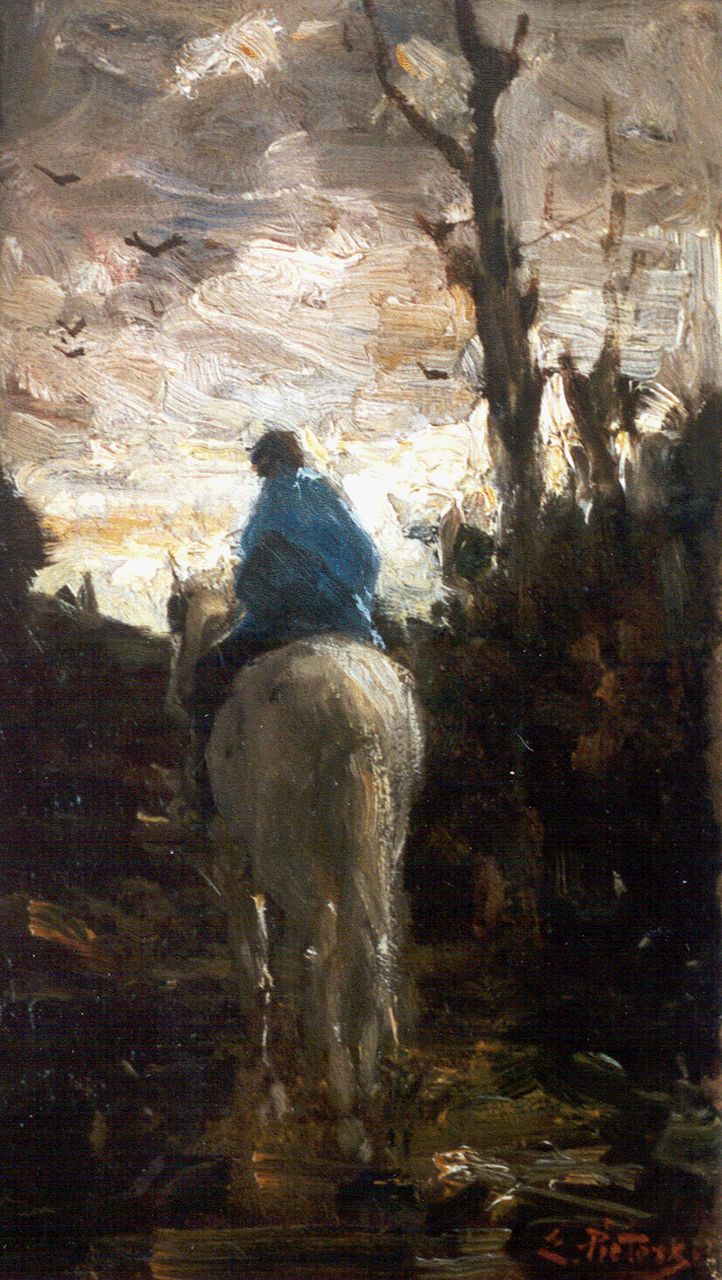 Pieters E.  | Evert Pieters, Trekpaard met ruiter op weg naar huis, oil on panel 32.1 x 19.4 cm, gesigneerd rechtsonder