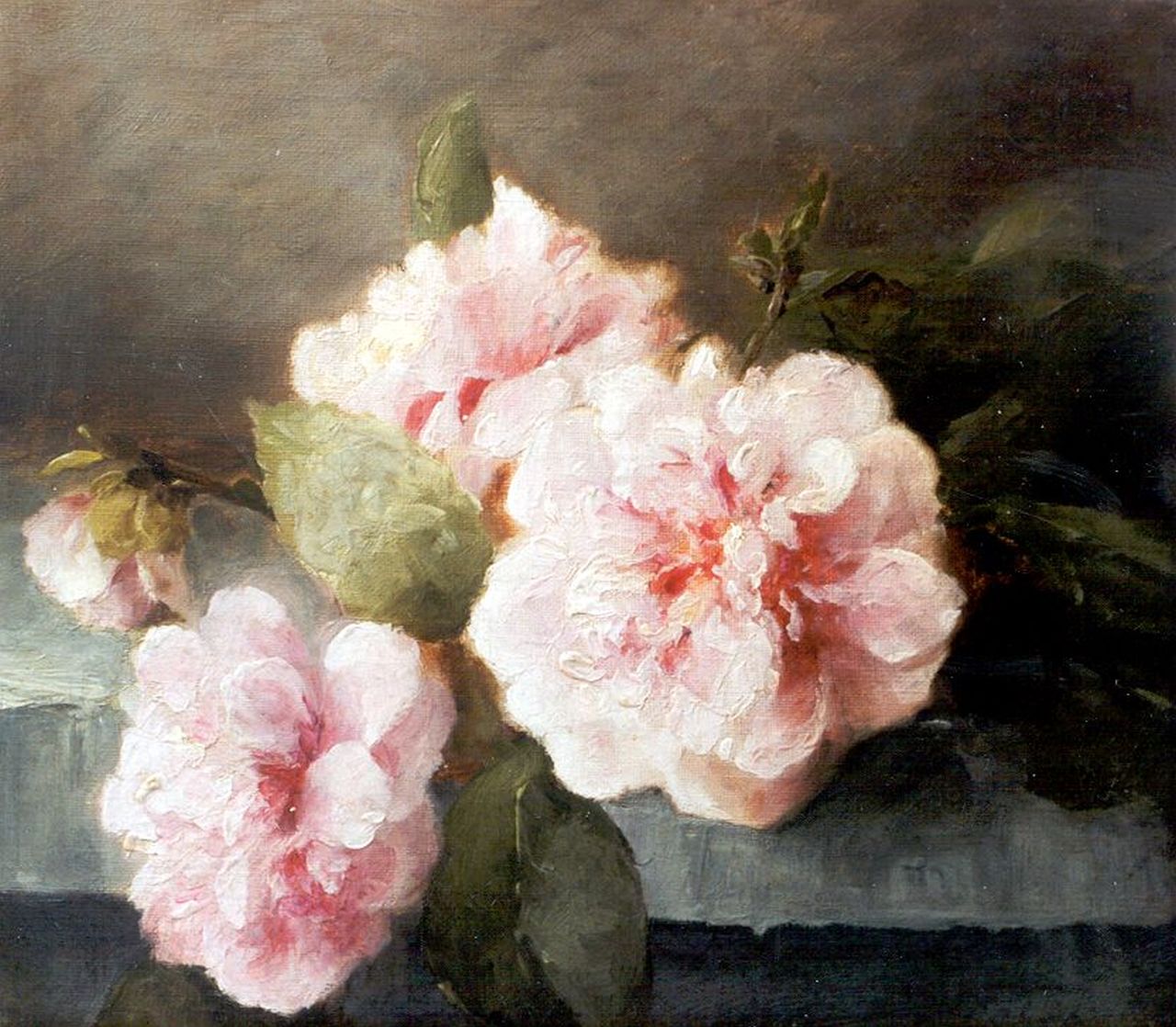 Breuer-Wikman F.  | Frederika Breuer-Wikman, Pink roses on a stone ledge, oil on canvas 24.0 x 27.3 cm