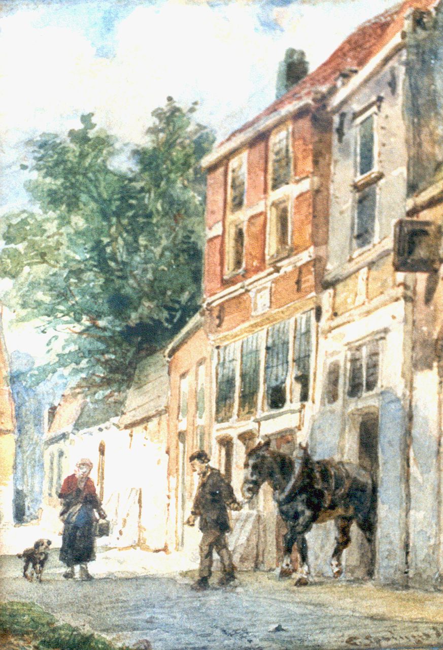 Springer C.  | Cornelis Springer, A sunlit street, Culemborg, watercolour on paper 14.9 x 11.3 cm, signed l.r. and dated '89