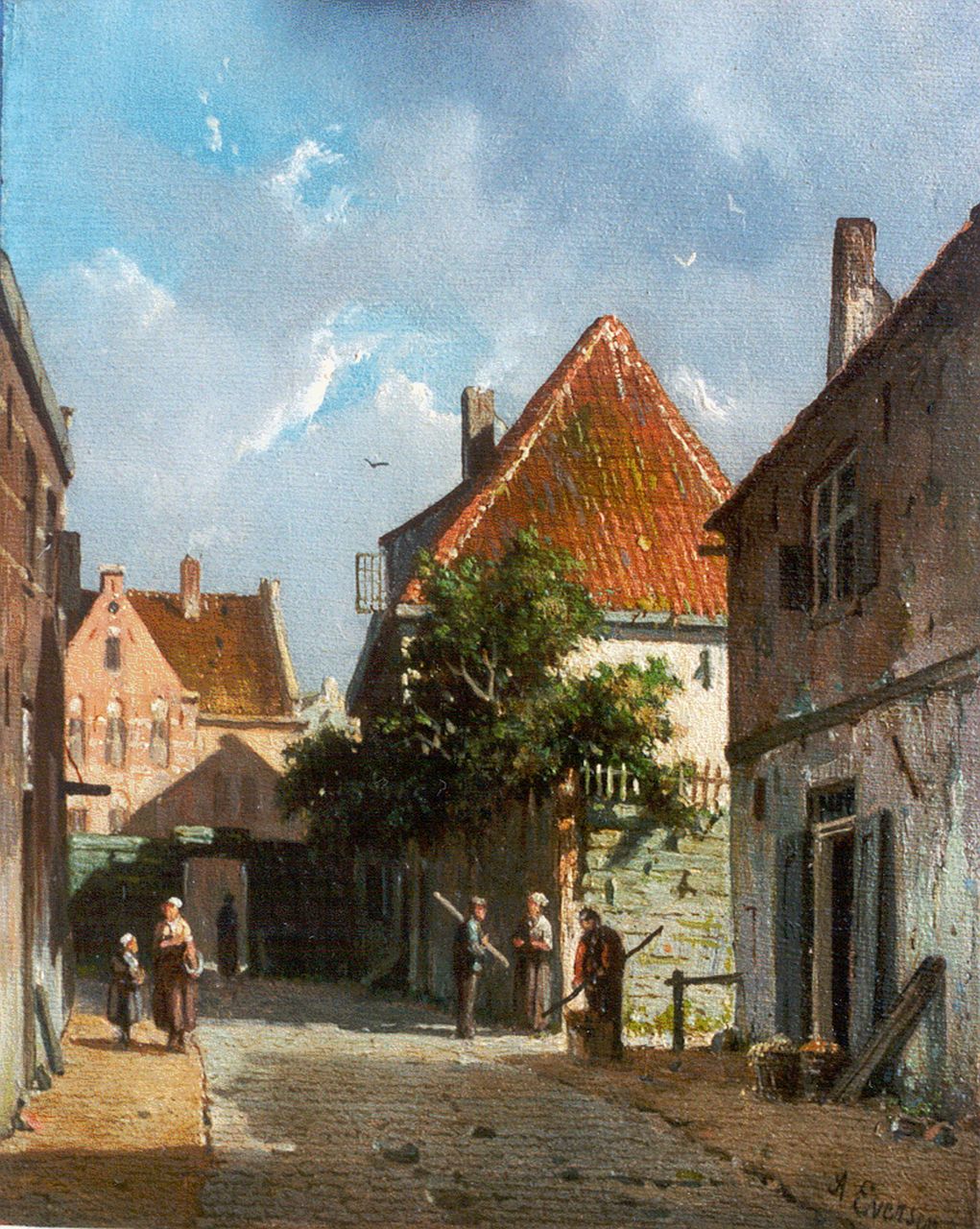 Eversen A.  | Adrianus Eversen, A sunlit street, oil on panel 18.9 x 15.1 cm, signed l.r. and on a label on the reverse