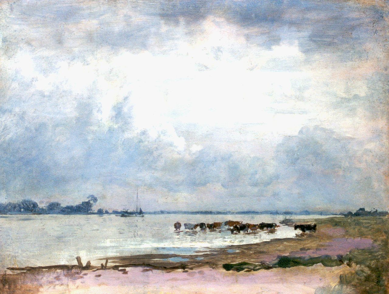 Voerman sr. J.  | Jan Voerman sr., View of the river IJssel with watering cows, oil on panel 31.4 x 41.2 cm, signed with stamp on the reverse