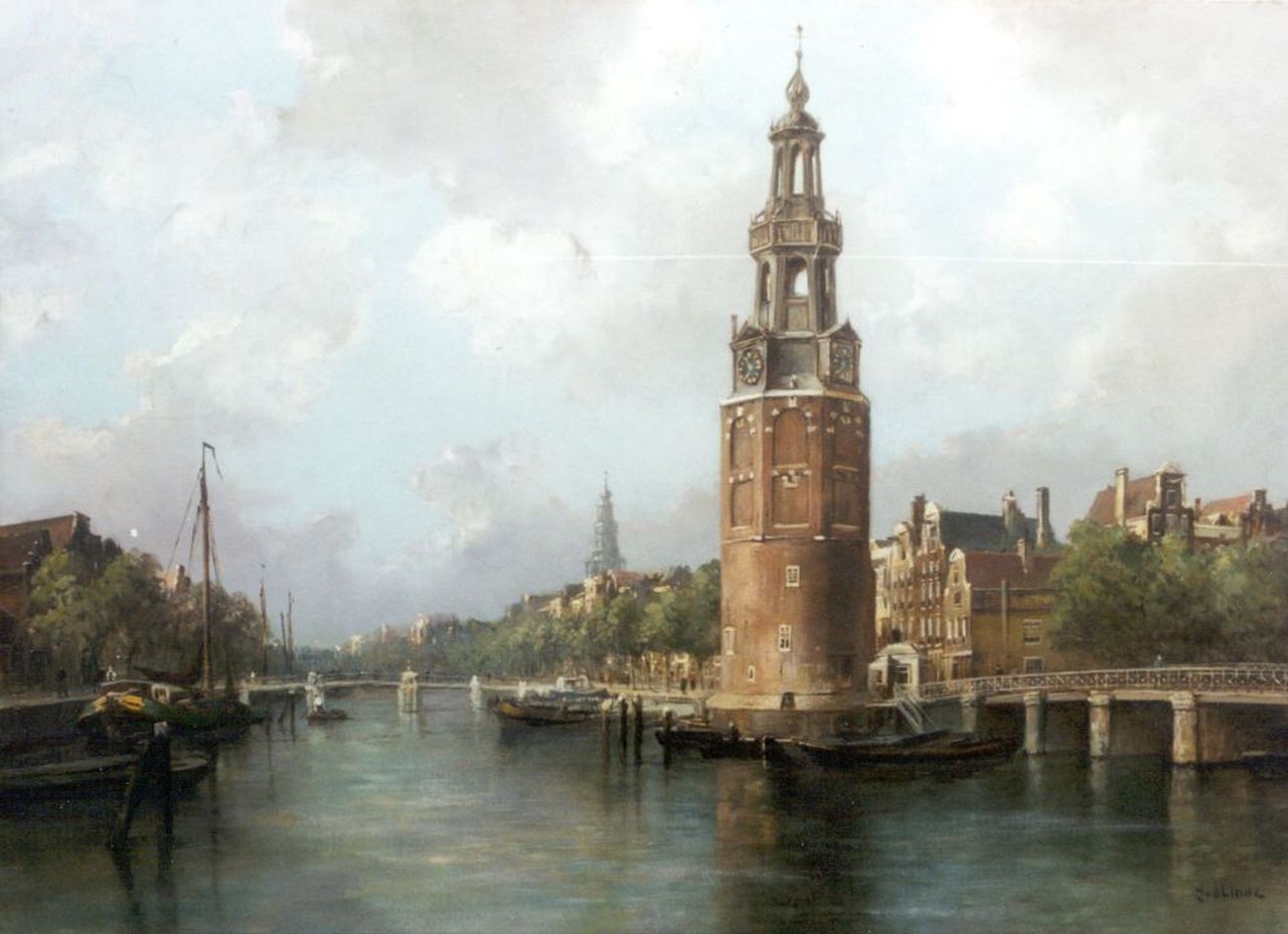 Linde J. van der | Jan van der Linde, View of the Oudeschans, with the Montelbaanstoren beyond, Amsterdam, oil on canvas 80.9 x 110.5 cm, signed l.r.