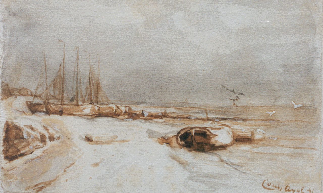 Apol L.F.H.  | Lodewijk Franciscus Hendrik 'Louis' Apol, Moored boats in winter, washed ink and watercolour on paper 11.0 x 18.0 cm, signed l.r.