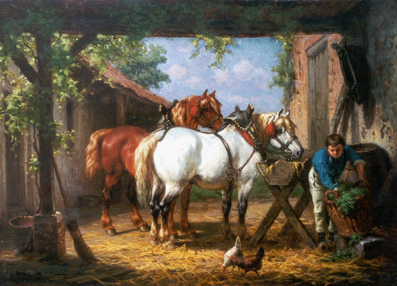 Boogaard W.J.  | Willem Johan Boogaard, Feeding the horses, oil on panel 30.1 x 41.2 cm, signed l.l.