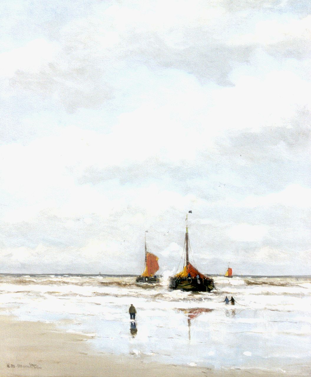 Munthe G.A.L.  | Gerhard Arij Ludwig 'Morgenstjerne' Munthe, 'Bomschuiten' in the surf, oil on canvas 76.2 x 63.5 cm, signed l.l.