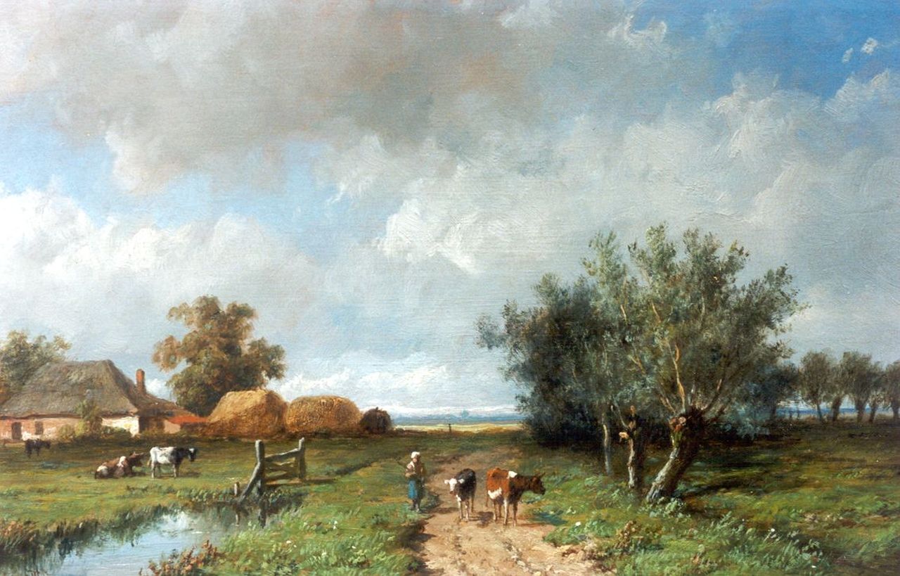 Wijngaerdt A.J. van | Anthonie Jacobus van Wijngaerdt, A cowherdess on a path, oil on panel 15.9 x 26.0 cm, signed l.l.