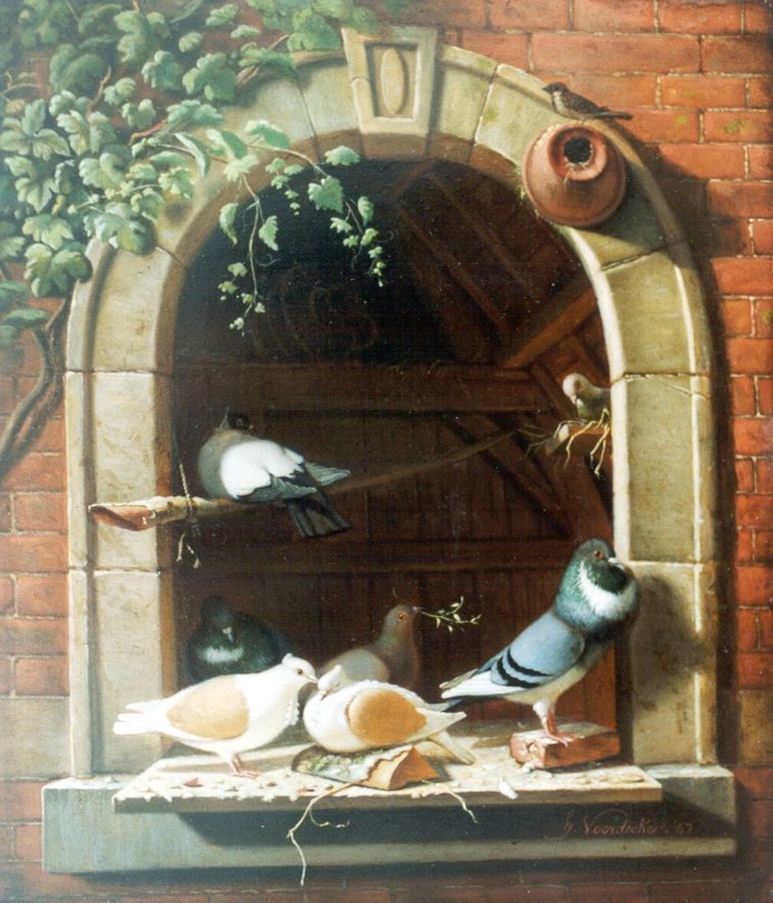 Henri Voordecker | Pigeons on a windowstill, oil on panel, 29.3 x 24.8 cm, signed l.r. and dated '47