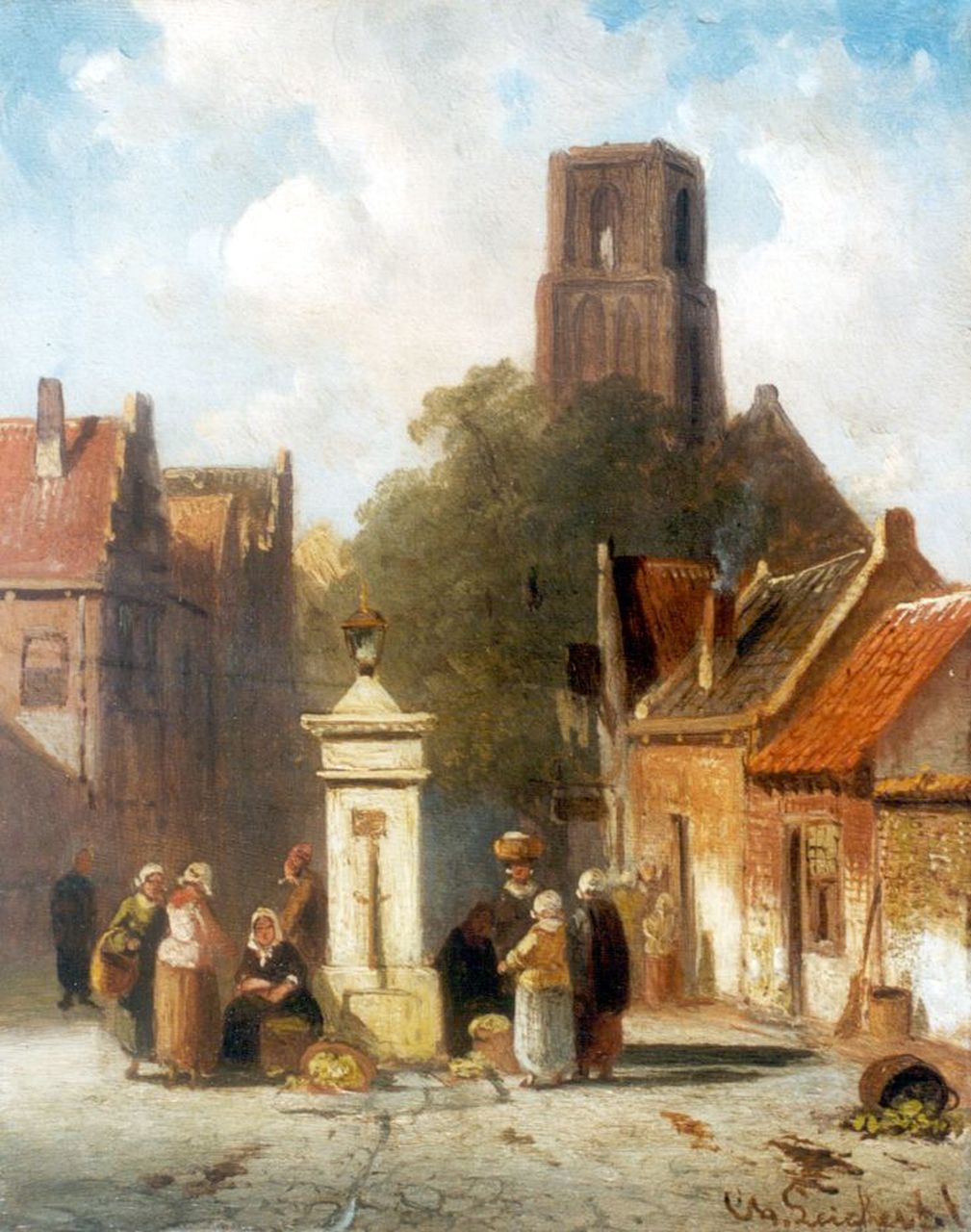 Leickert C.H.J.  | 'Charles' Henri Joseph Leickert, A village square with vegetable-seller, oil on panel 16.1 x 12.8 cm, signed l.r.