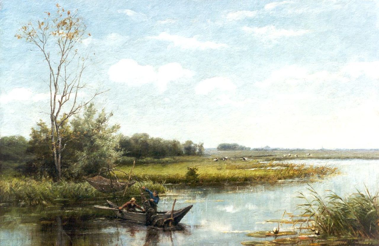 Wijsmuller J.H.  | Jan Hillebrand Wijsmuller, Fishermen in a river landscape, oil on panel 31.3 x 48.1 cm, signed l.r.
