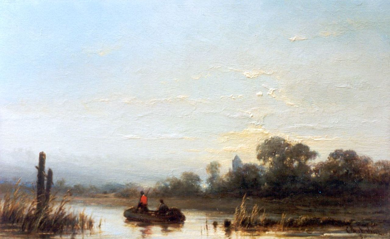 Westerbeek C.  | Cornelis Westerbeek, A river landscape with anglers in a boat, oil on panel 15.6 x 25.1 cm, signed l.r. and dated '80