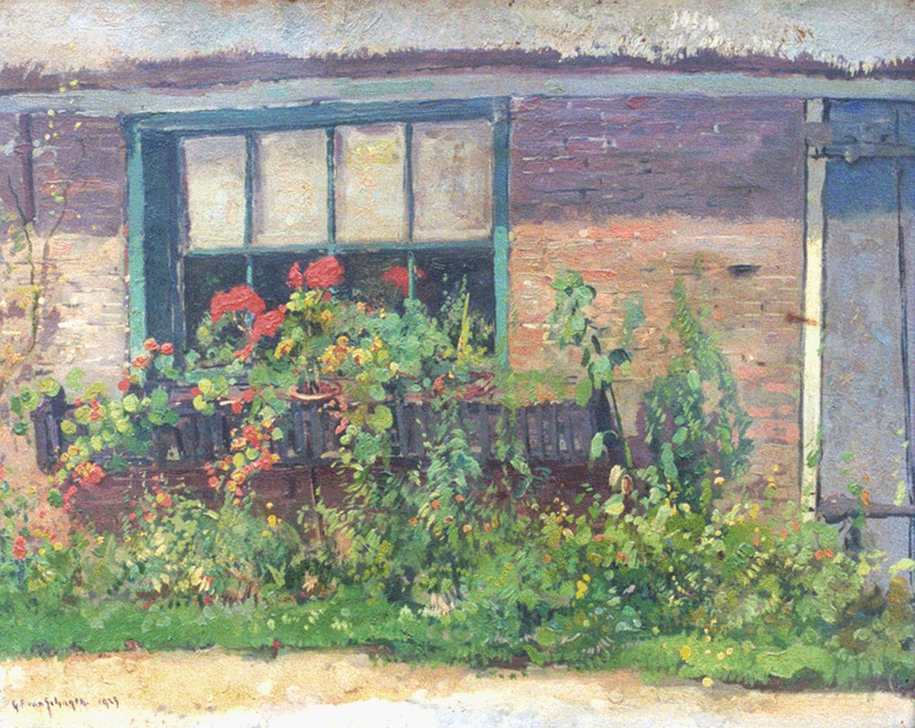 Schagen G.F. van | Gerbrand Frederik van Schagen, A sunlit yard, oil on canvas 32.4 x 40.8 cm, signed l.l. and dated 1923
