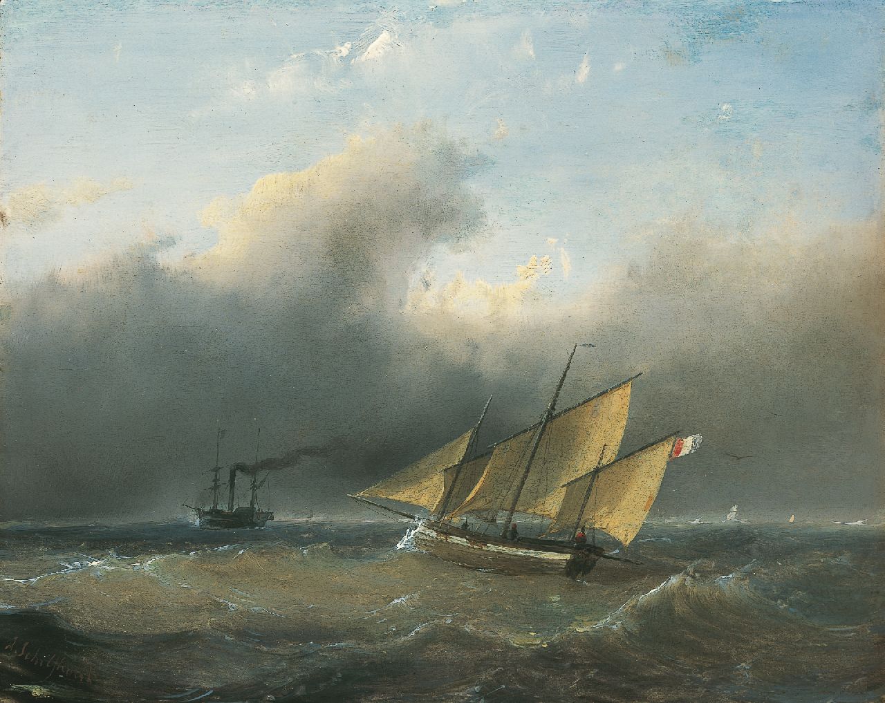 Schelfhout A.  | Andreas Schelfhout, Shipping on choppy waters, oil on panel 21.2 x 26.6 cm, signed l.l.