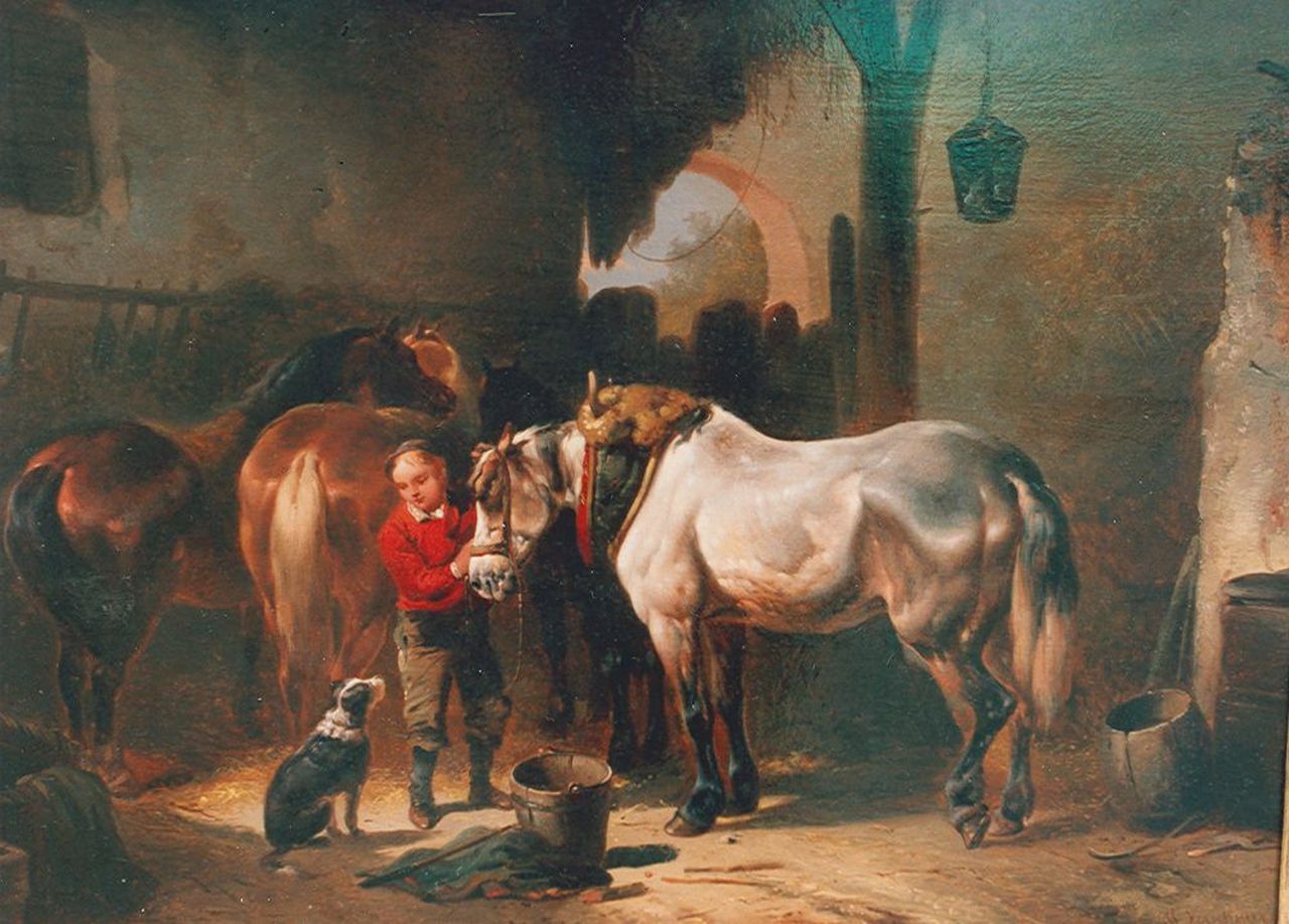 Verschuur W.  | Wouterus Verschuur, Preparing for a ride, oil on panel 34.5 x 47.2 cm, signed l.r.