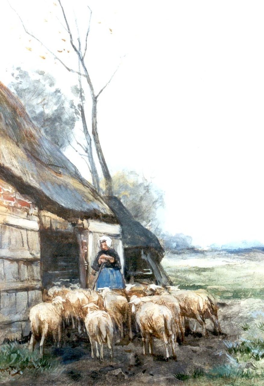 Jansen W.G.F.  | 'Willem' George Frederik Jansen, A shepherdess with her flock, watercolour on paper 33.5 x 24.0 cm, signed l.l.
