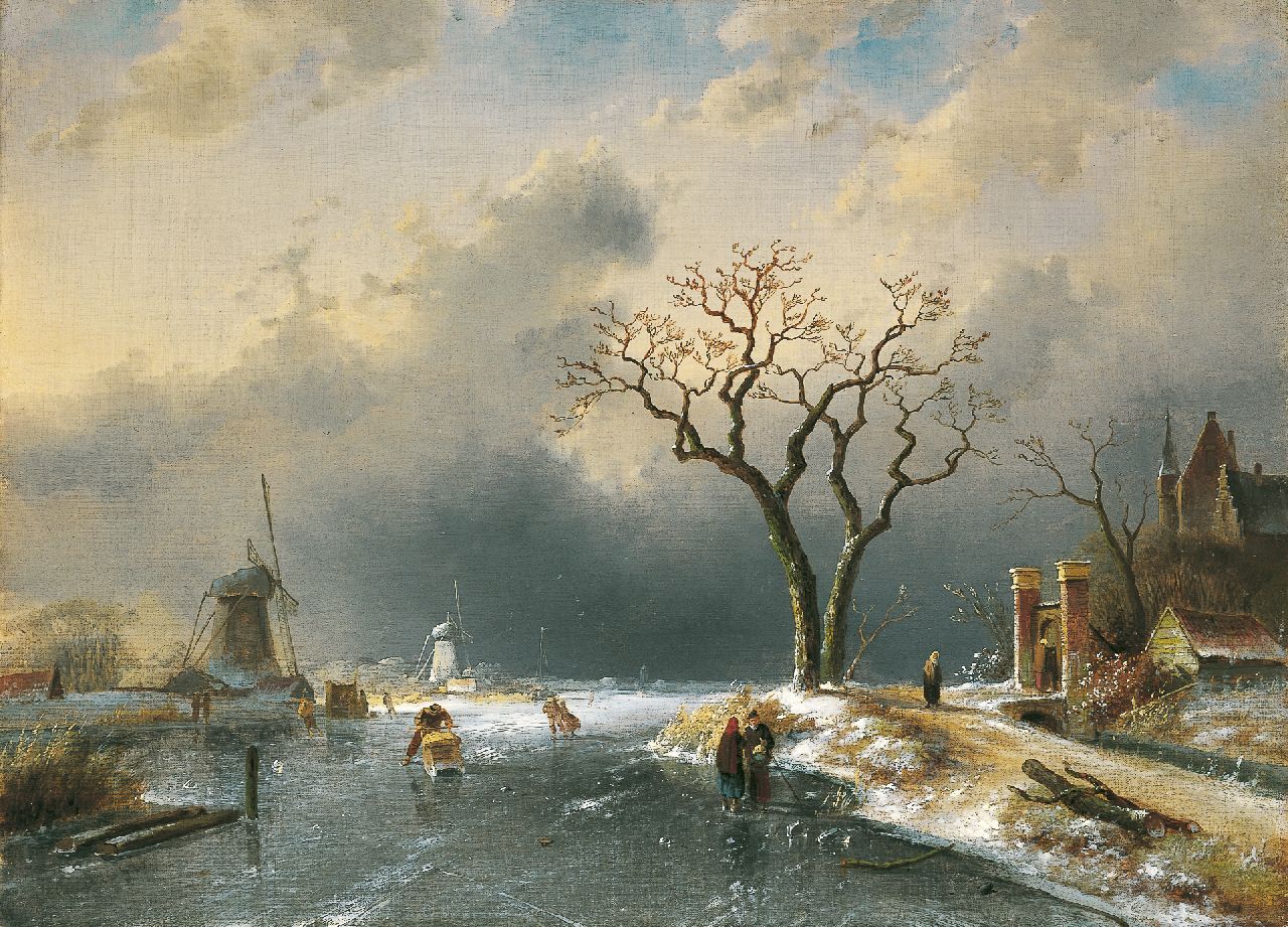 Leickert C.H.J.  | 'Charles' Henri Joseph Leickert, A winter landscape with skaters and a 'koek en zopie', oil on canvas 43.5 x 60.0 cm, signed l.l. and dated '65