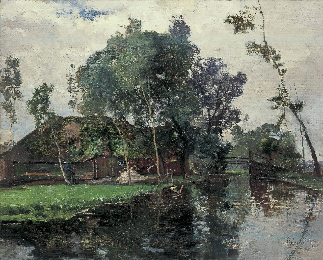 Gabriel P.J.C.  | Paul Joseph Constantin 'Constan(t)' Gabriel, A farm along a stream, Giethoorn, oil on canvas laid down on panel 43.3 x 53.5 cm, signed l.r.