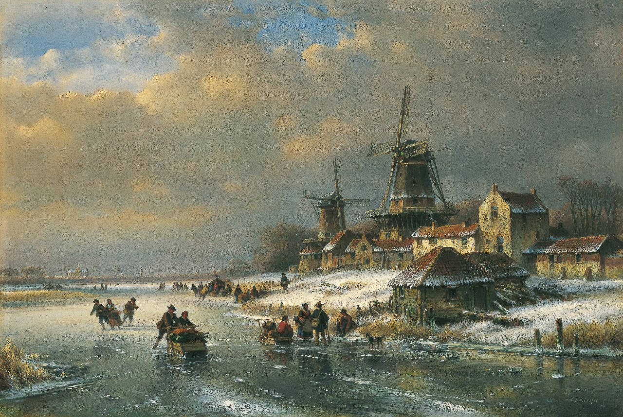 Kleijn L.J.  | Lodewijk Johannes Kleijn, A winter landscape with figures conversing on the ice, oil on panel 49.2 x 73.0 cm, signed l.r.
