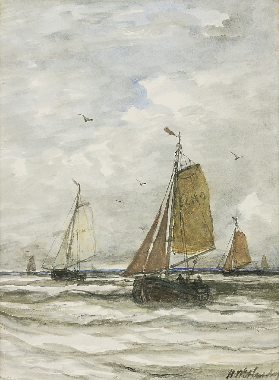 Mesdag H.W.  | Hendrik Willem Mesdag, 'Bomschuiten' from Scheveningen at sea, watercolour on paper 40.6 x 29.5 cm, signed l.r.