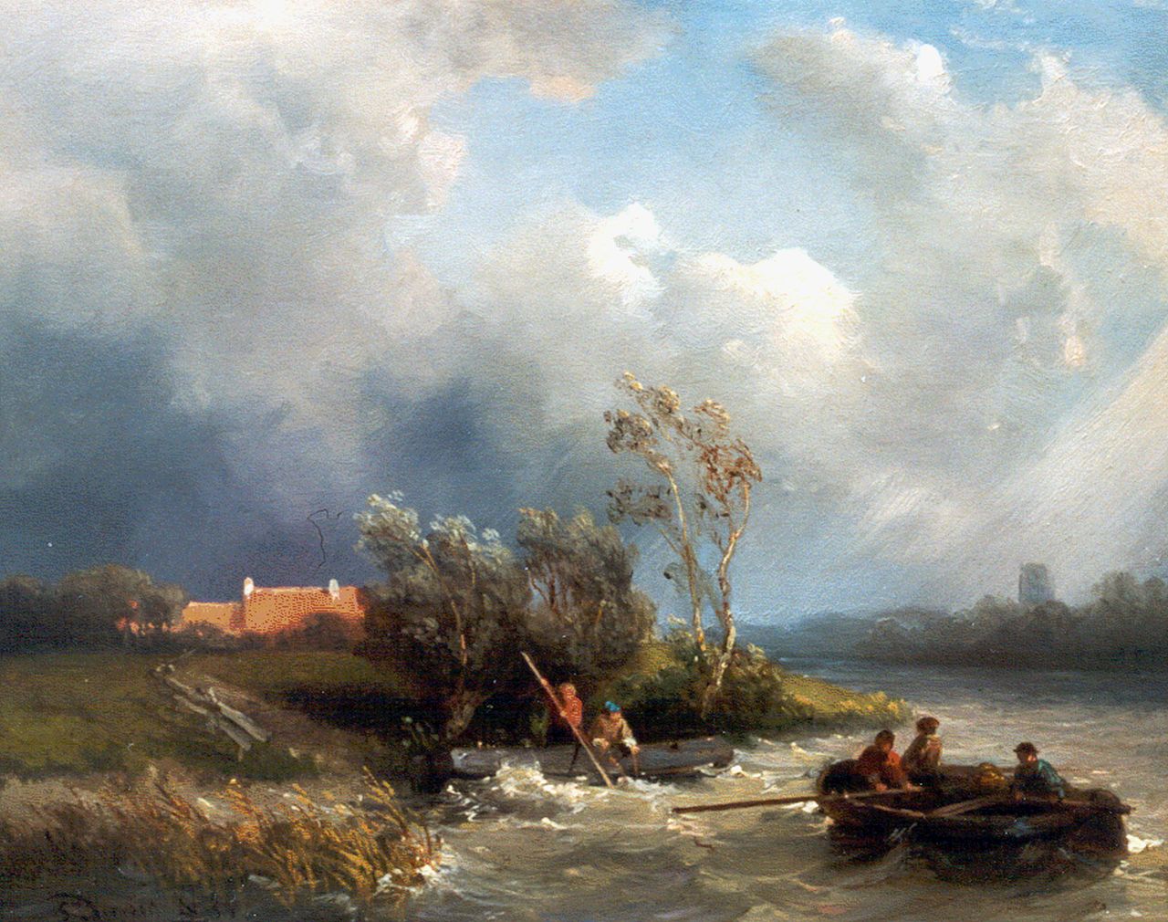 Verveer S.L.  | 'Salomon' Leonardus Verveer, Fishermen in a barge on a choppy river, oil on panel 19.8 x 24.7 cm, signed l.l. and dated '53