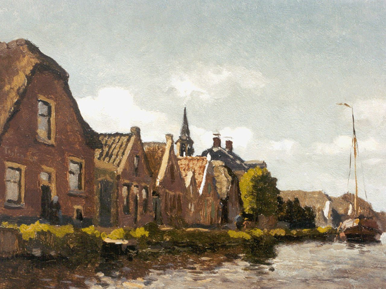 Tholen W.B.  | Willem Bastiaan Tholen, Houses along a waterway, oil on panel 18.8 x 24.5 cm, signed l.c. and dated '04