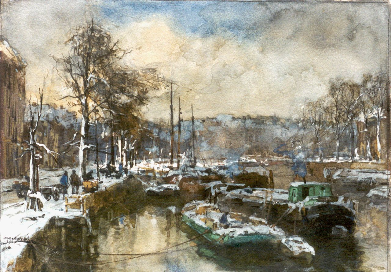 Mastenbroek J.H. van | Johan Hendrik van Mastenbroek, Harbour view in winter, Rotterdam, black chalk and watercolour on painters'  board 24.5 x 33.3 cm, signed l.l. and dated 1902