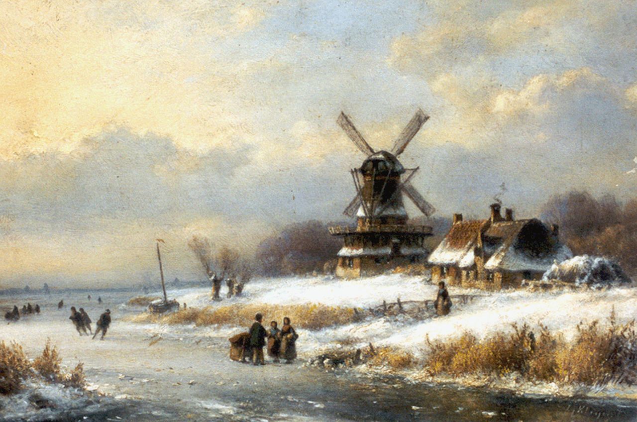 Kleijn L.J.  | Lodewijk Johannes Kleijn, Skaters on a frozen waterway, oil on panel 22.5 x 33.2 cm, signed l.r.