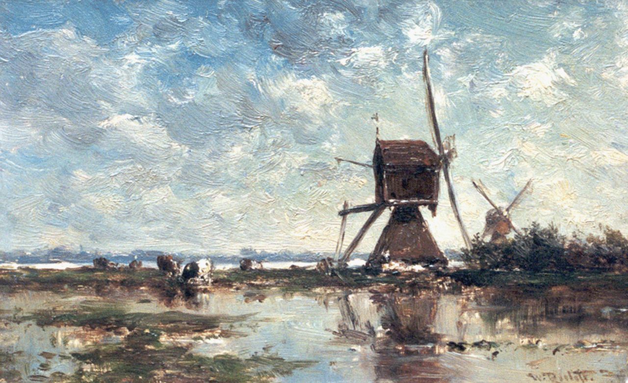 Roelofs W.  | Willem Roelofs, Windmills in a polder landscape, oil on panel 12.0 x 19.0 cm, signed l.r.