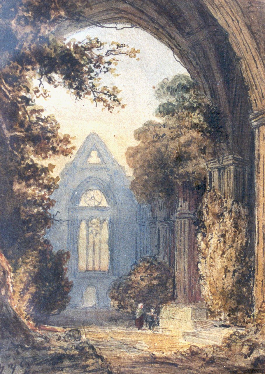 Destrée J.J.  | Johannes Josephus Destrée, A ruin, ink and watercolour on paper 15.5 x 11.5 cm, signed l.l. with initials