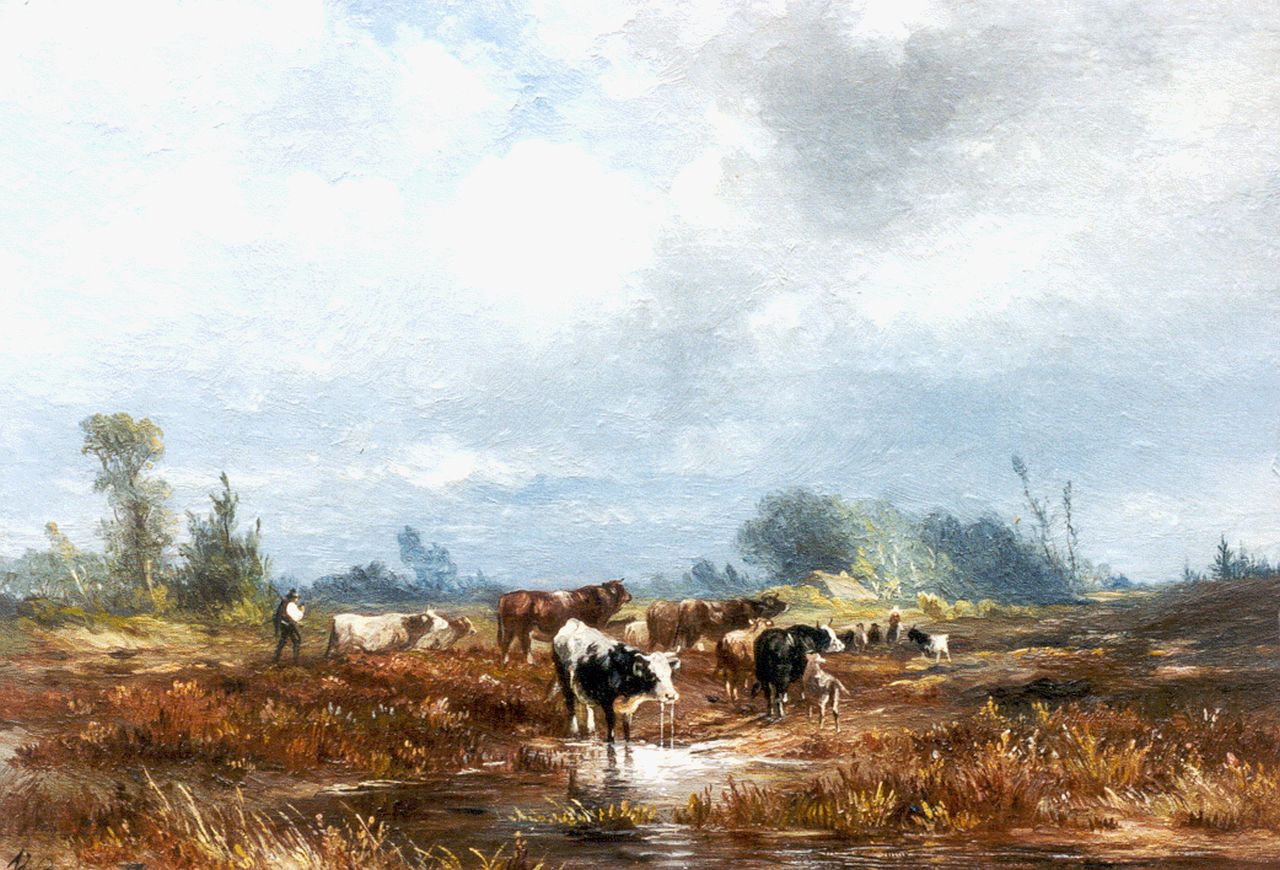 Prooijen A.J. van | Albert Jurardus van Prooijen, Heathland with shepherds and flock, oil on panel 19.7 x 28.5 cm, signed l.l.
