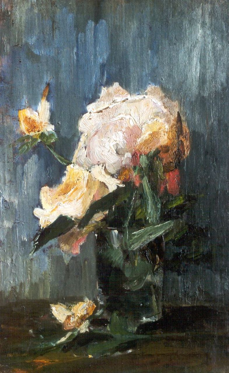 Mesdag-van Houten S.  | Sina 'Sientje' Mesdag-van Houten, A study of a rose, oil on canvas laid down on panel 34.8 x 21.8 cm, signed on a label on the reverse