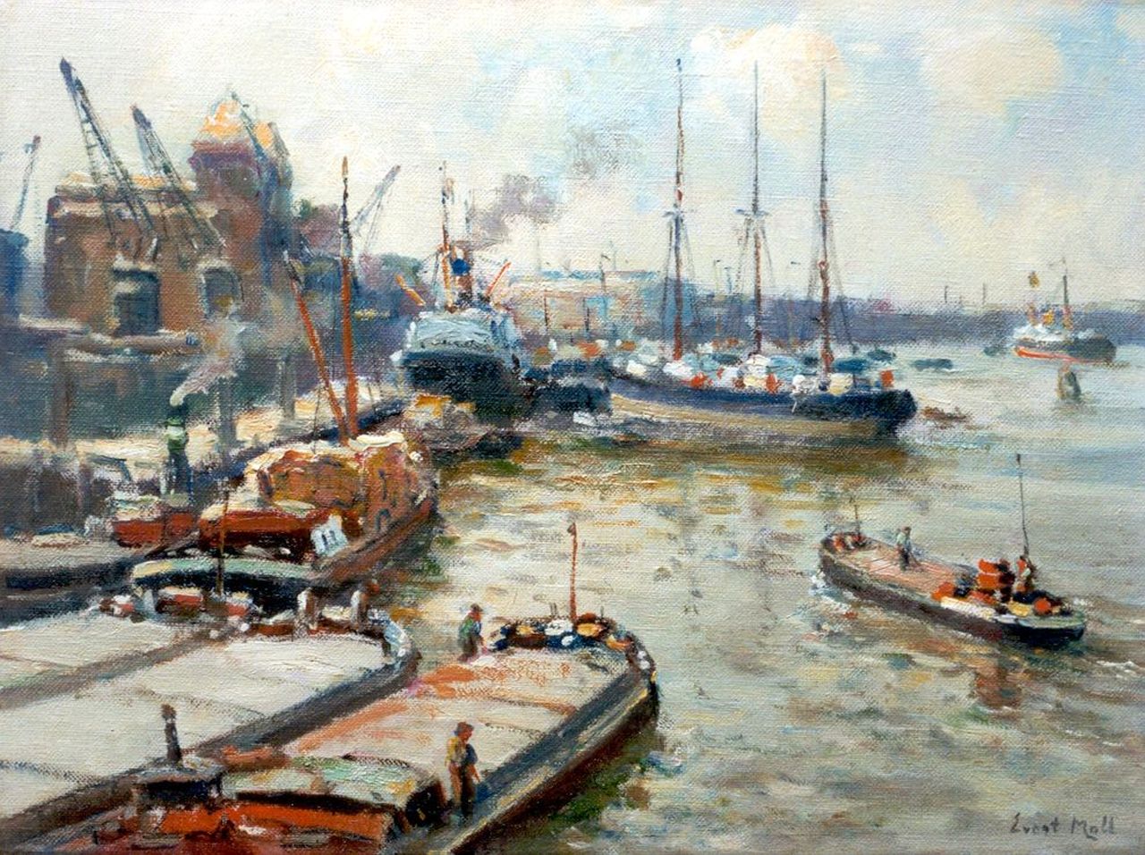 Moll E.  | Evert Moll, Activities in the Maasharbour, oil on canvas 30.3 x 40.3 cm, signed l.r.