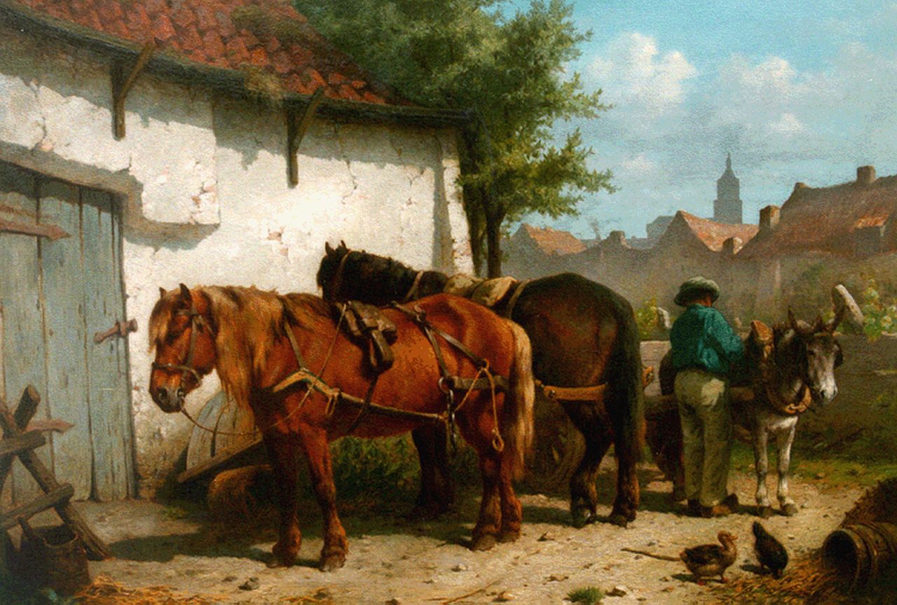 Verschuur jr. W.  | Wouter Verschuur jr., A farmer, two horses and a donkey, oil on panel 45.0 x 64.0 cm, signed l.r. and dated '67