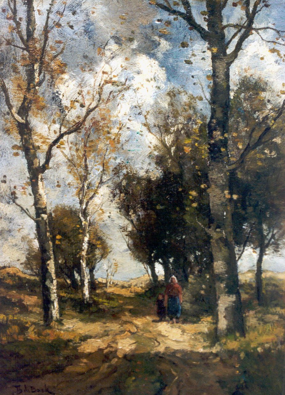 Bock T.E.A. de | Théophile Emile Achille de Bock, A dune landscape with mother and child, oil on canvas 41.3 x 29.5 cm, signed l.l.