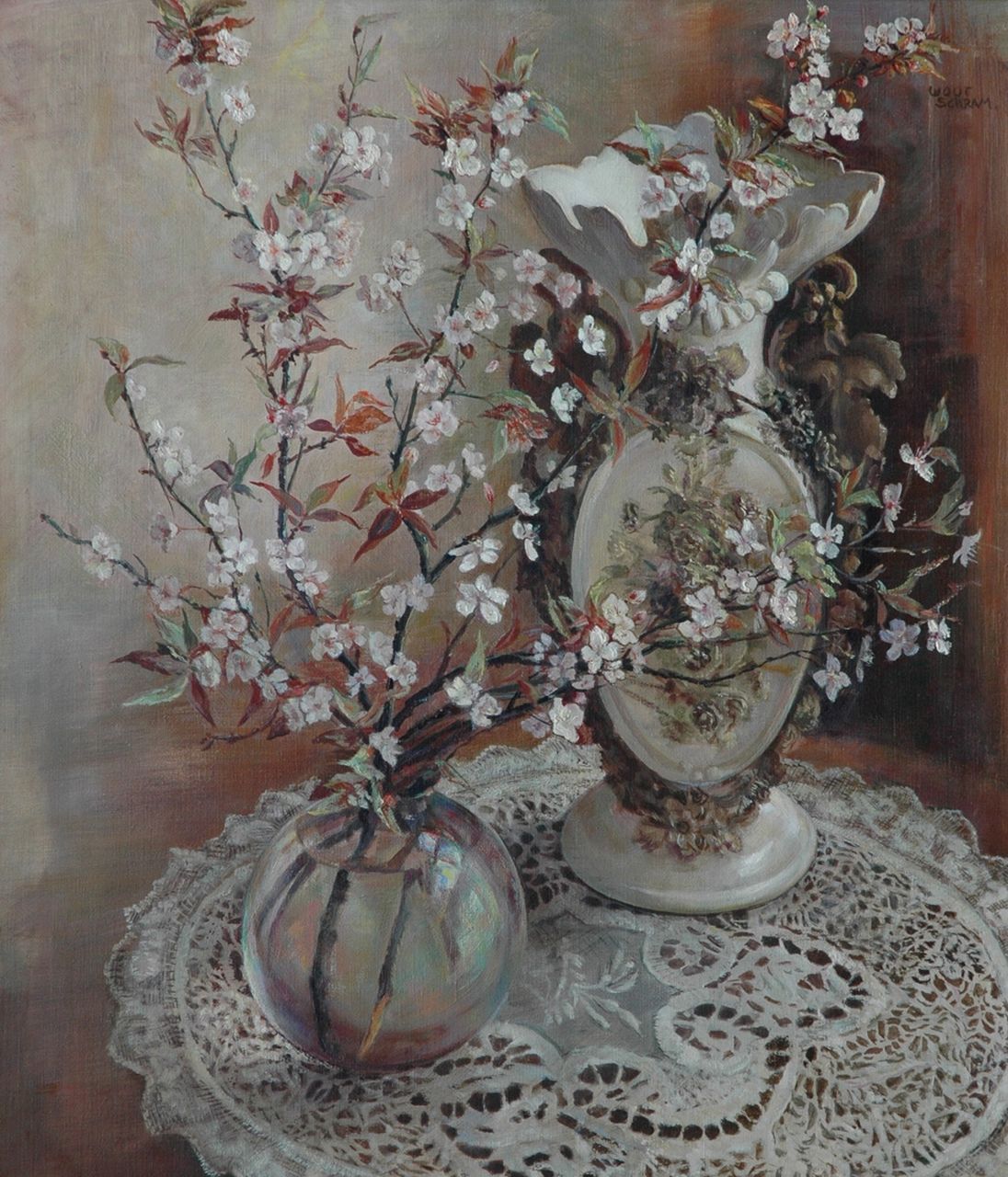 Schram W.J.B.A.  | Wouter Jorinus Bernardus Antonius 'Wout' Schram, Still life with blossom branche, oil on canvas 75.0 x 65.0 cm, signed u.r.