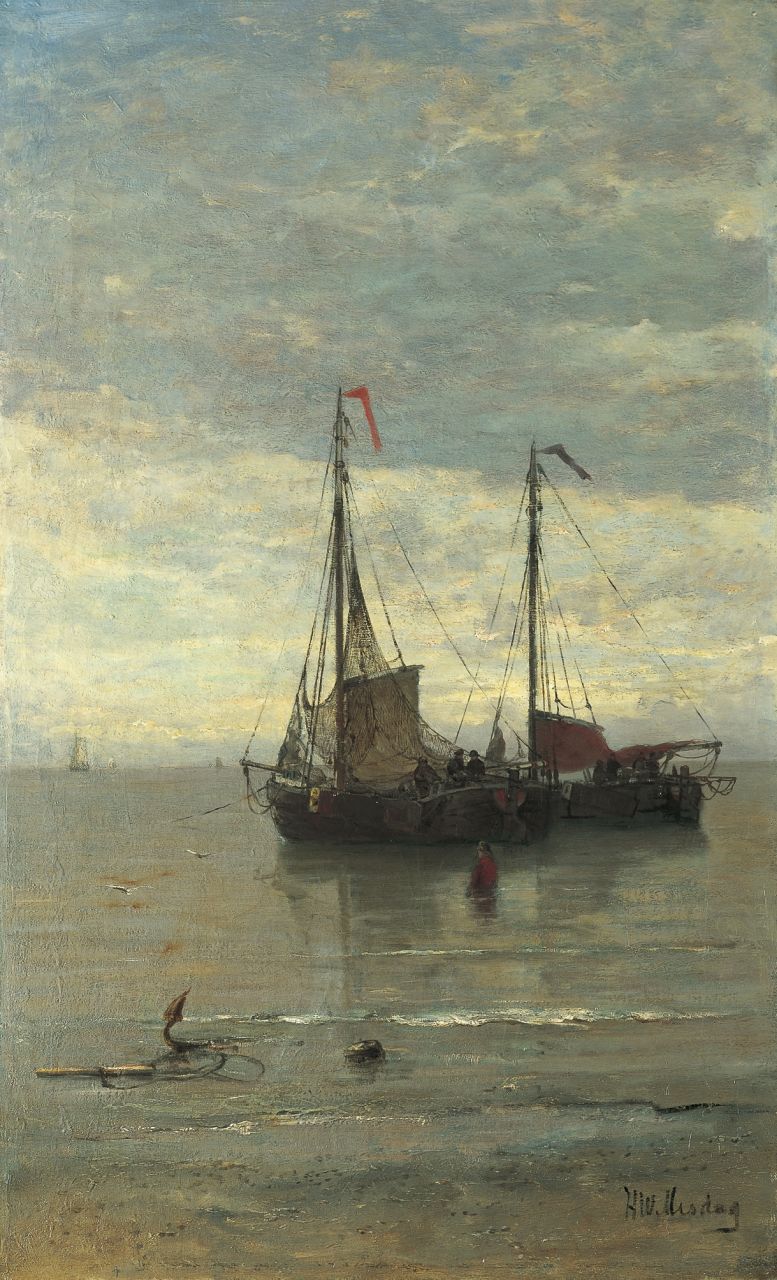 Mesdag H.W.  | Hendrik Willem Mesdag, Anchored 'bomschuiten', oil on canvas 78.7 x 48.3 cm, signed l.r.