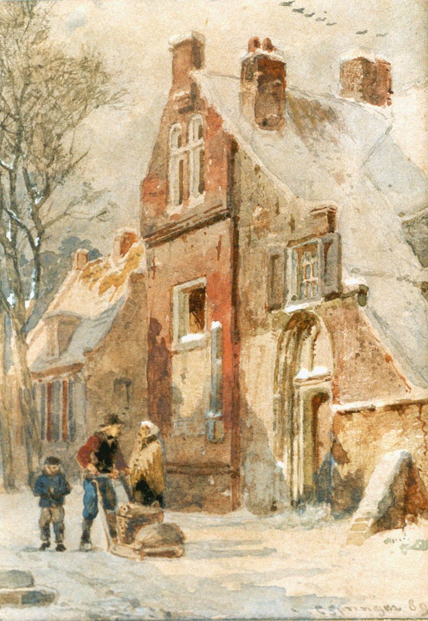 Springer C.  | Cornelis Springer, Hattem in winter, watercolour on paper 14.5 x 11.0 cm, signed l.r. and dated '89