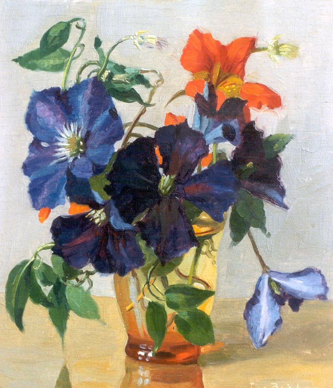Bakker J.  | Johannes 'Jan' Bakker, Clematis in a vase, oil on panel 26.0 x 23.0 cm, signed l.r.