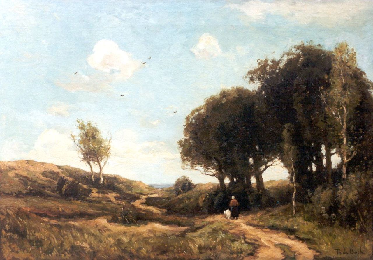 Bock T.E.A. de | Théophile Emile Achille de Bock, A farmer's wife on the heath, oil on canvas 57.0 x 81.1 cm, signed l.r.