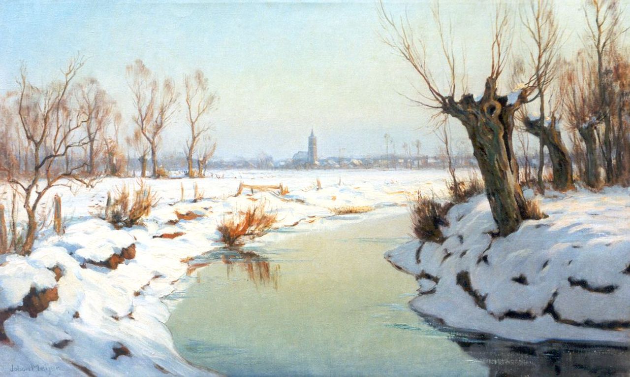 Meijer J.  | Johannes 'Johan' Meijer, A winter landscape, with Blaricum in the distance, oil on canvas 60.3 x 100.1 cm, signed l.l.