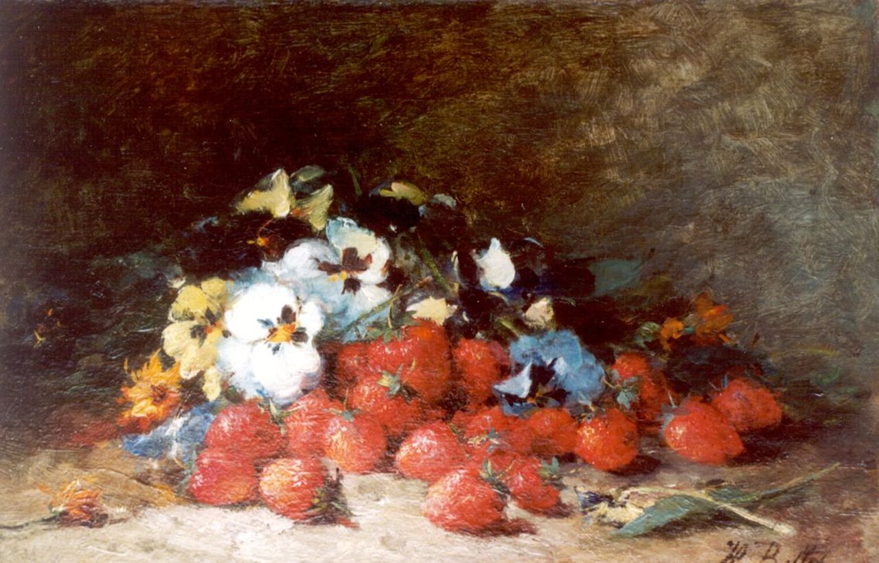 Bellis J.L.  | Josse-Lambert 'Hubert' Bellis, A flower still life with strawberries, oil on canvas 29.5 x 43.5 cm, signed l.r.